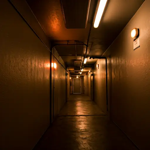 emergency lighting systems in a dark industrial corridor