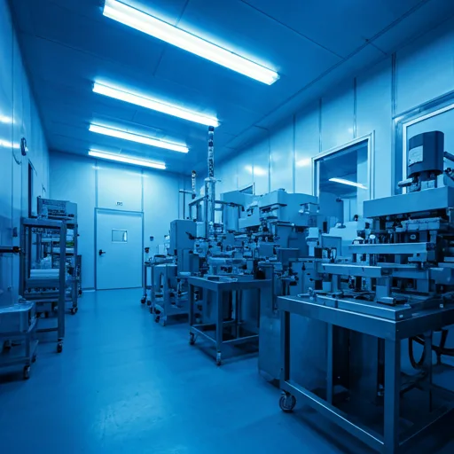 industrial clean room manufacturing facility with blue lighting and precise equipment